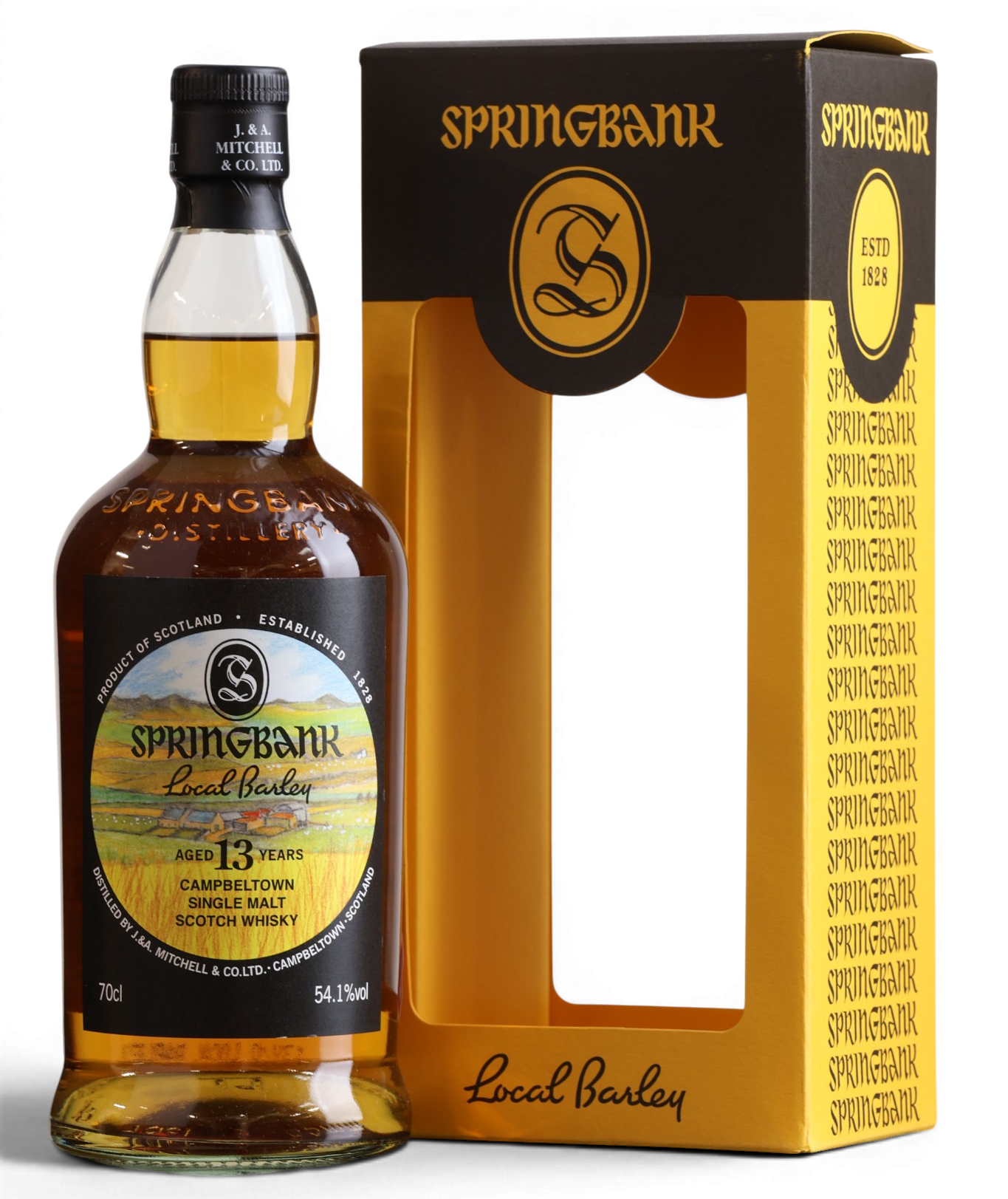 A bottle of Springbank Local Barley 13 Years Old single malt Scotch whisky stands next to its branded gift box on a clean white background. The bottle contains amber whisky and has a black cap and label with gold and green details.