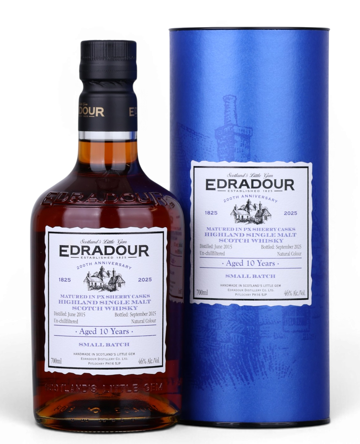 A bottle of Edradour 10 Years single malt Scotch whisky next to its blue cylindrical packaging box, set against a plain white background.