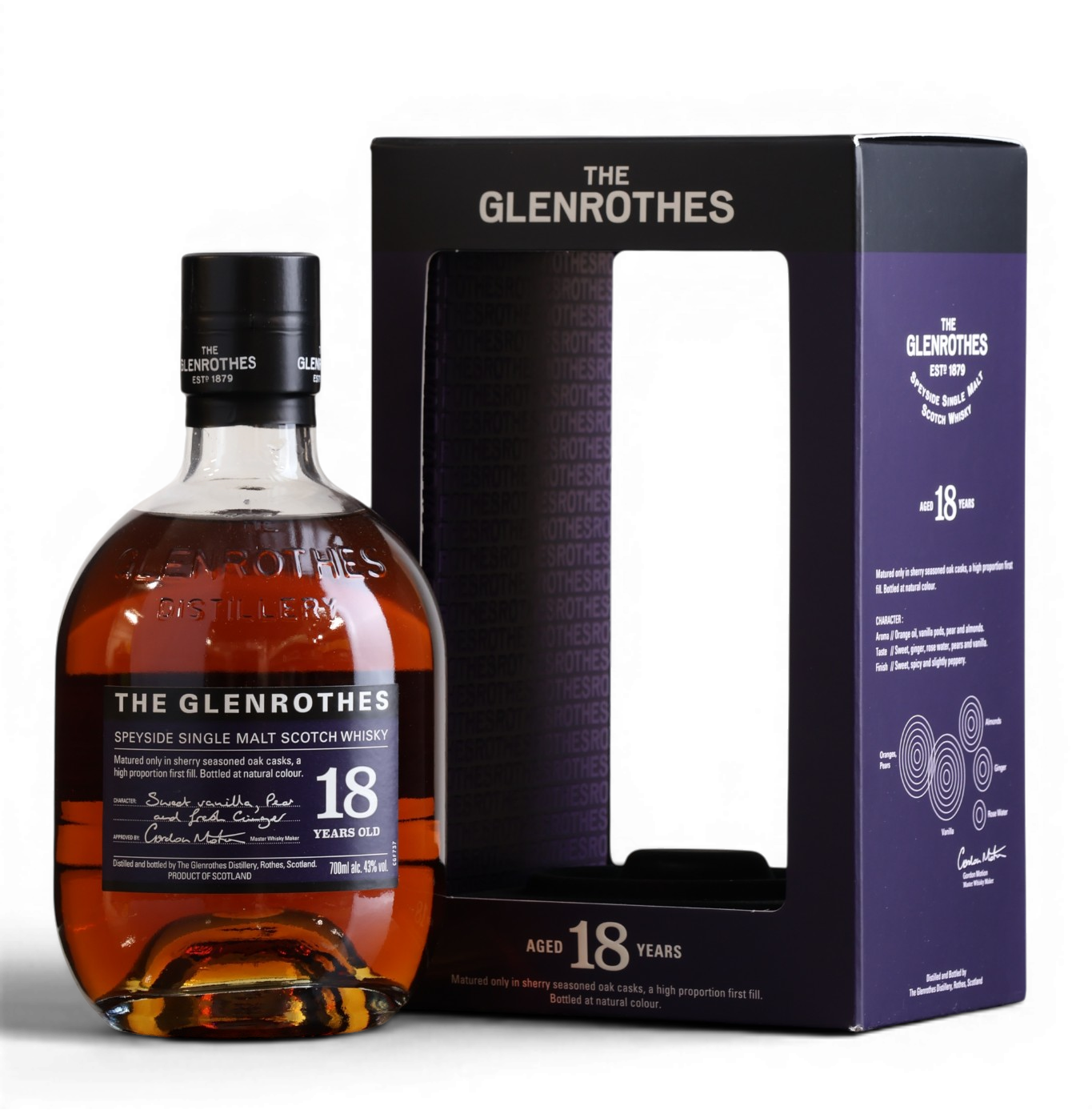 A bottle of The Glenrothes 18 Years Old single malt Scotch whisky next to its black and purple presentation box, set against a plain white background.