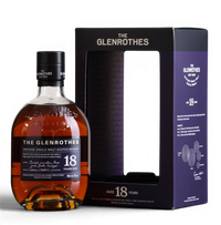 A bottle of The Glenrothes 18 Years Old single malt Scotch whisky next to its black and purple presentation box, set against a plain white background.