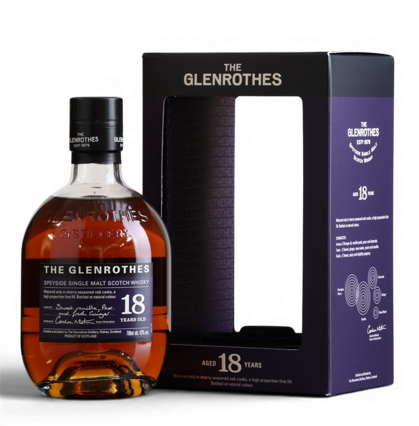 A bottle of The Glenrothes 18 Years Old single malt Scotch whisky next to its black and purple presentation box, set against a plain white background.