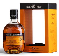 A bottle of The Glenrothes 12 Years Old single malt whisky stands in front of its orange and black presentation box on a clean white background.