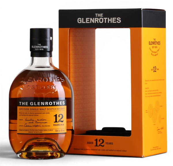 A bottle of The Glenrothes 12 Years Old single malt whisky stands in front of its orange and black presentation box on a clean white background.