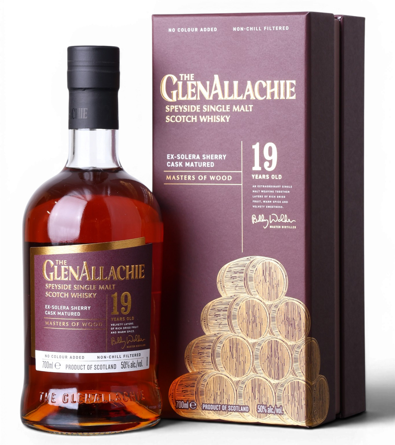A bottle of Glen Allachie 19 Years Old single malt Scotch whisky next to its dark plum-colored packaging box, featuring gold lettering and a graphic of stacked wooden barrels.