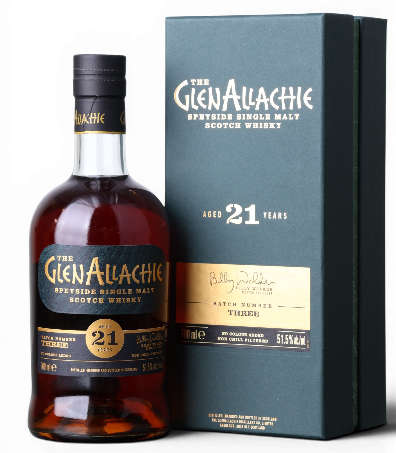 A bottle of The Glen Allachie 21 Years Scotch Whisky next to its dark teal gift box, shown on a plain white background.