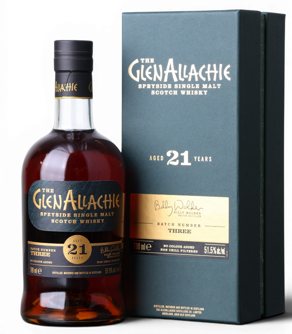 A bottle of The Glen Allachie 21 Years Scotch Whisky next to its dark teal gift box, shown on a plain white background.