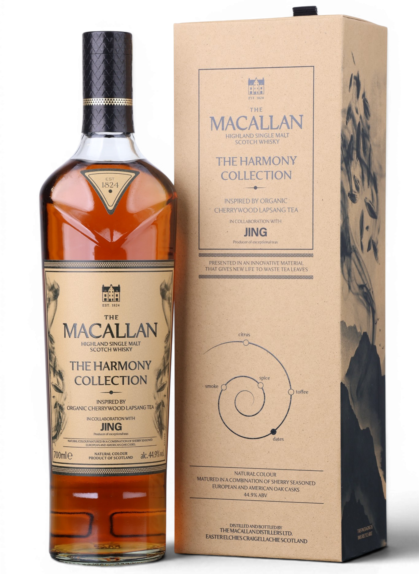 A bottle of Macallan The Harmony Collection Jing single malt whisky next to its brown kraft paper packaging box, shown on a plain white background.