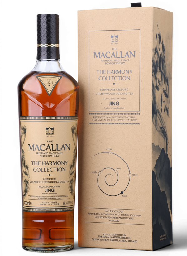 A bottle of Macallan The Harmony Collection Jing single malt whisky next to its brown kraft paper packaging box, shown on a plain white background.
