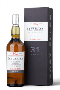 A bottle of Port Ellen 31-year-old single malt Scotch whisky stands next to its tall black presentation box on a clean white background. The bottle contains amber whisky and has a white label with red and black text.