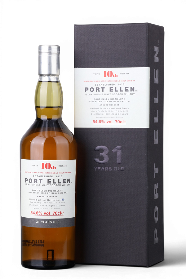 A bottle of Port Ellen 31-year-old single malt Scotch whisky stands next to its tall black presentation box on a clean white background. The bottle contains amber whisky and has a white label with red and black text.