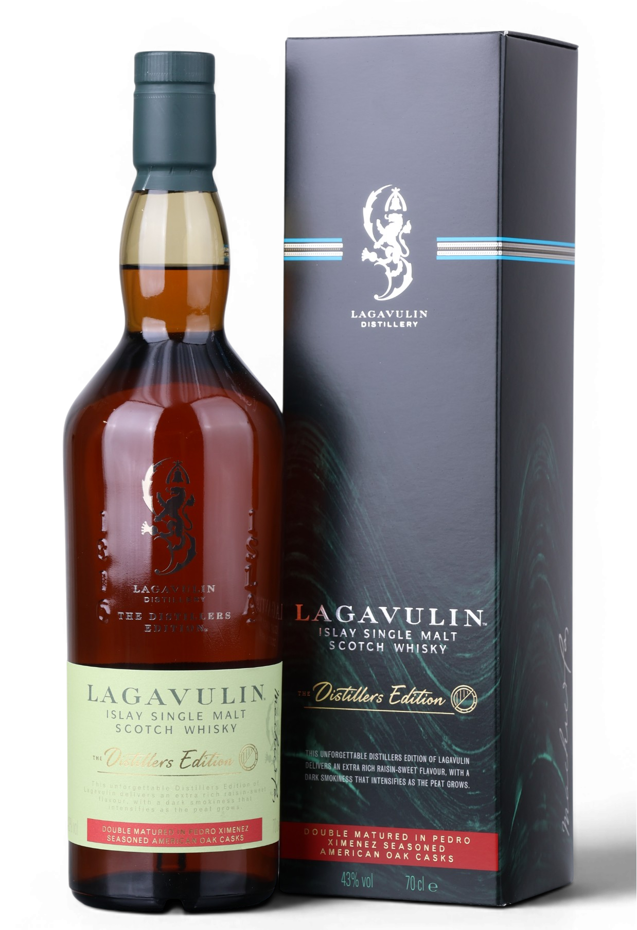 A bottle of Lagavulin Distillers Edition Single Malt Scotch Whisky stands next to its tall dark packaging box on a clean white background. The bottle contains amber-brown whisky and has a cream and red label, while the box is dark charcoal with light blue stripes and white branding.