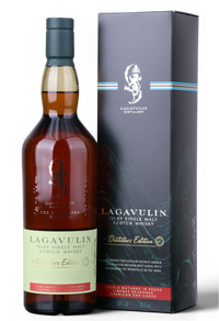 A bottle of Lagavulin Distillers Edition Single Malt Scotch Whisky stands next to its tall dark packaging box on a clean white background. The bottle contains amber-brown whisky and has a cream and red label, while the box is dark charcoal with light blue stripes and white branding.