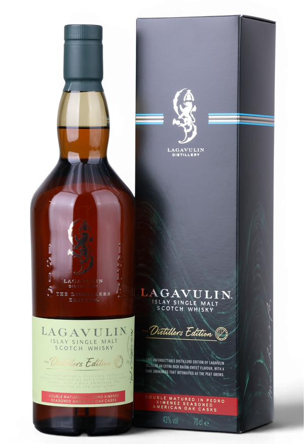 A bottle of Lagavulin Distillers Edition Single Malt Scotch Whisky stands next to its tall dark packaging box on a clean white background. The bottle contains amber-brown whisky and has a cream and red label, while the box is dark charcoal with light blue stripes and white branding.