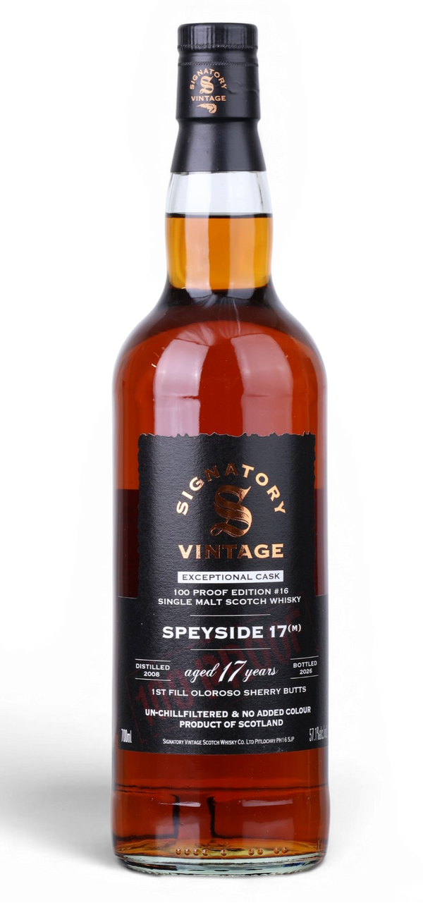 A bottle of Signatury Vintage Speyside 17 Year Old single malt Scotch whisky, featuring amber liquid, a black label, and a black cap, set against a plain white background.