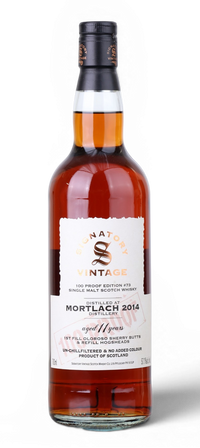 A bottle of Mortlach 2014 Single Malt Scotch Whisky from the brand Signatory Vintage