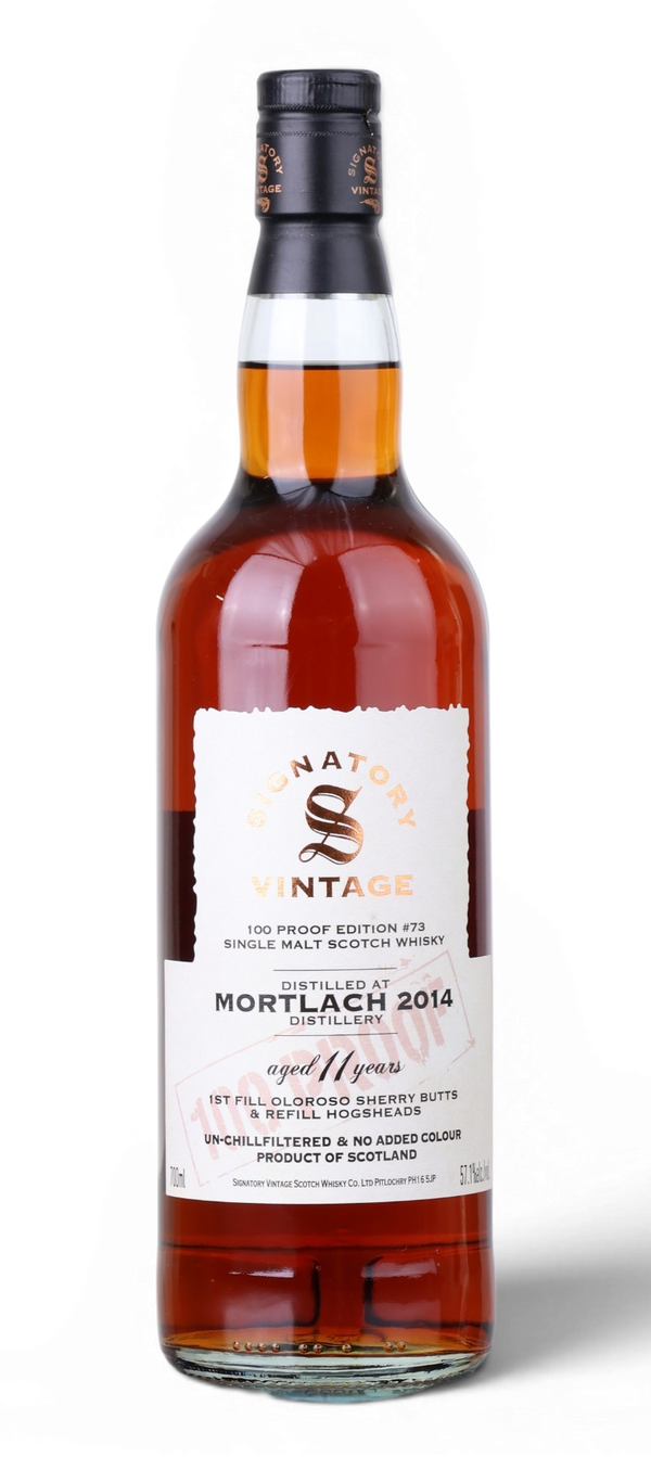A bottle of Mortlach 2014 Single Malt Scotch Whisky from the brand Signatory Vintage