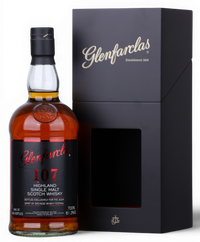 A bottle of Glenfarclas 107 Highland Single Malt Scotch Whisky next to its black presentation box with gold lettering, on a white background.