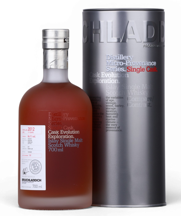 A bottle of Bruchlanich Cask Evolution Exploration 2012 single malt Scotch whisky next to its tall metallic silver cylindrical packaging tube, photographed on a clean white background.